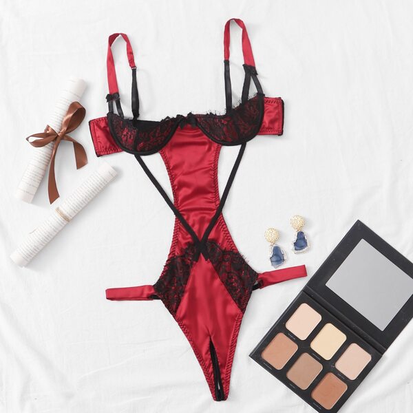 

Floral Lace Backless Satin Teddy Bodysuit, Red