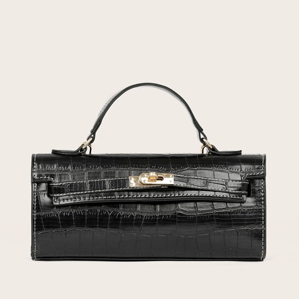 

Croc Embossed Satchel Bag, Black