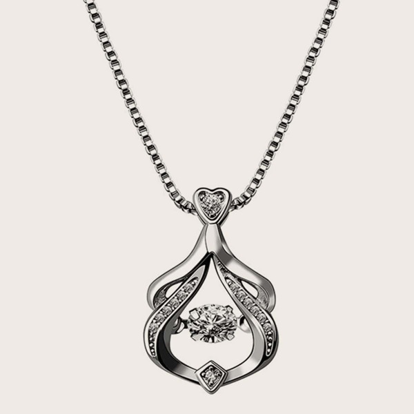 

1pc Beating Rhinestone Engraved Pendant Necklace, Silver