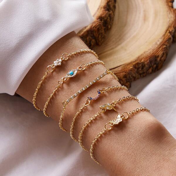 

6pcs Rhinestone Decor Flower & Leaf Decor Bracelet, Gold