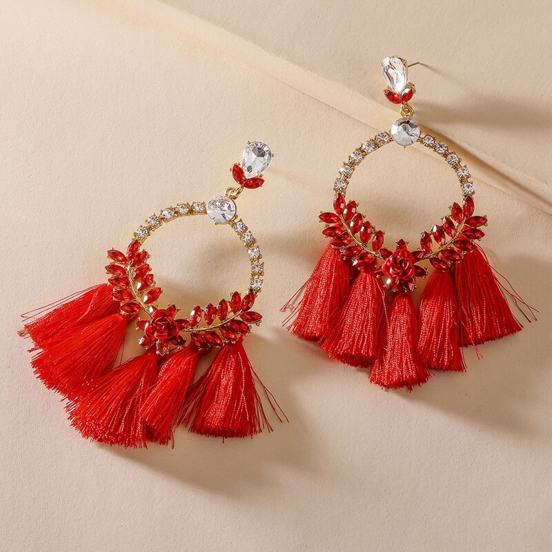 

1pair Rhinestone Engraved Tassel Drop Earrings, Red