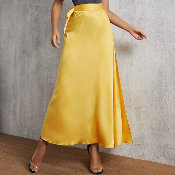 

SBetro Belted Split Thigh Satin Skirt, Yellow bright