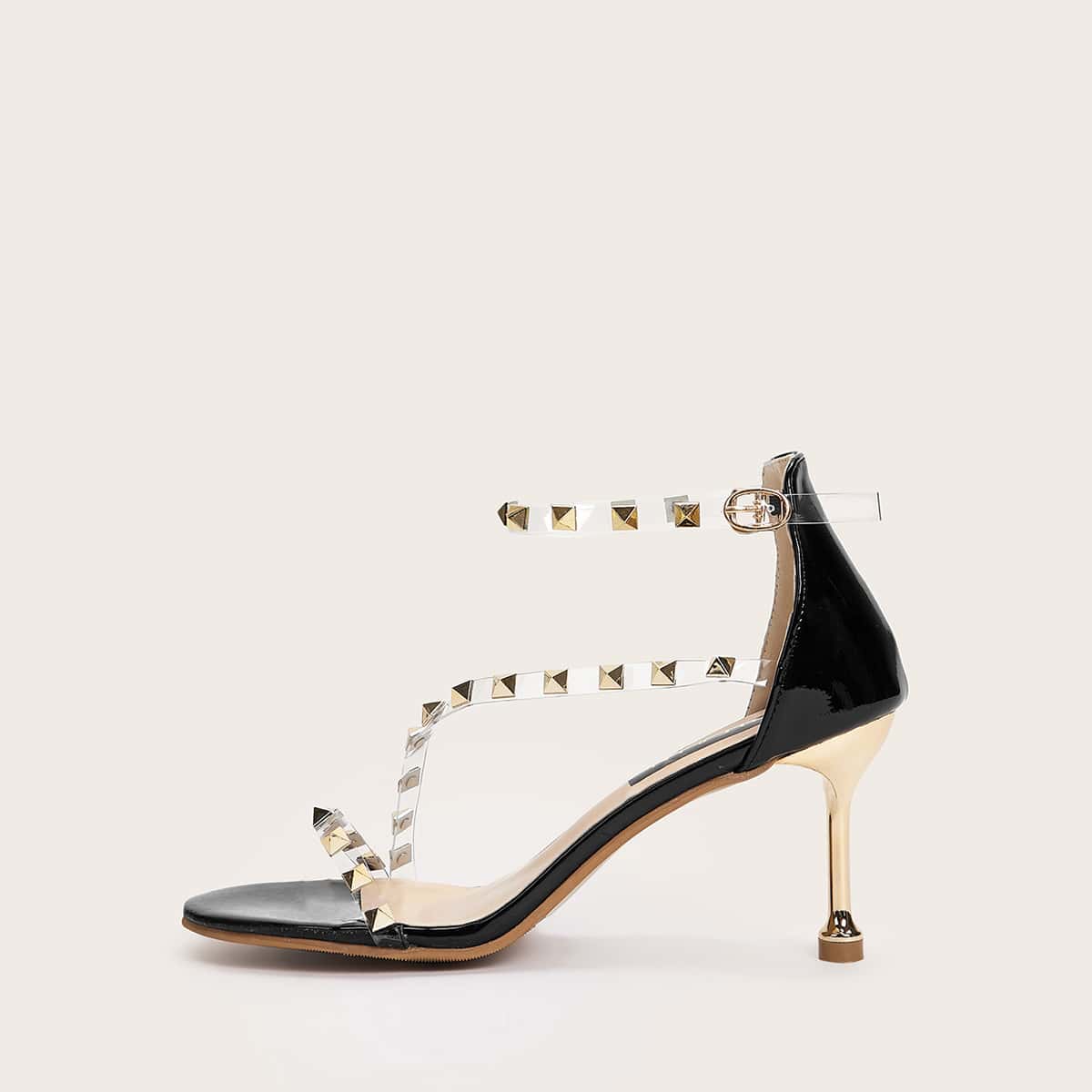

Studded Decor Ankle Strap Stiletto Heels, Gold