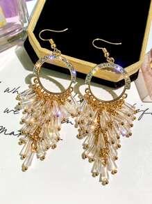 1 par pendientes largos de fleco grabado con diamante de imitación - Multicolor - Ver 1