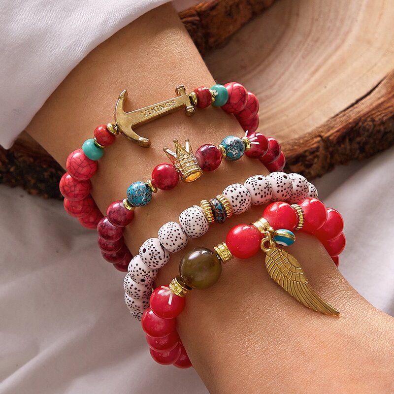 

4pcs Eye & Anchor Charm Beaded Bracelet, Multicolor