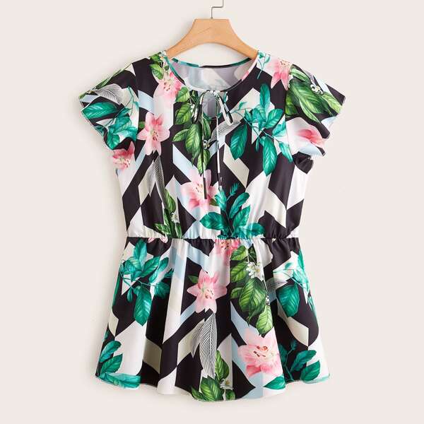 

Plus Plants Print Keyhole Tie Front Peplum Blouse, Multicolor