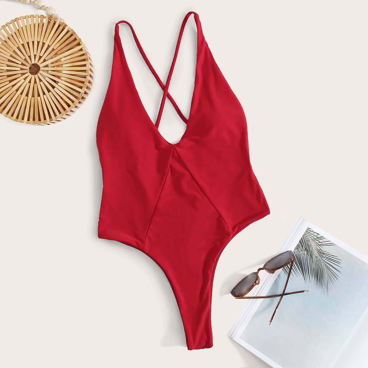 

Criss Cross Back High Leg One Piece Swimsuit, Red