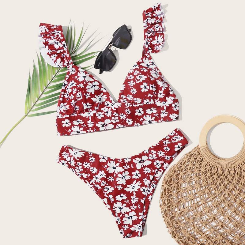 

Floral Ruffle Tie Back Bikini Swimsuit, Red