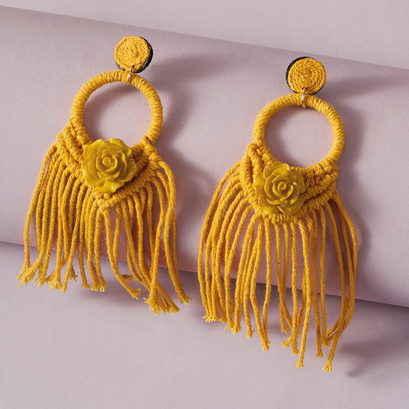 

1pair Rose Decor Tassel Drop Earrings, Yellow