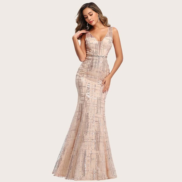 

V-Back Mesh Insert Mermaid Sequin Formal Dress, Pink