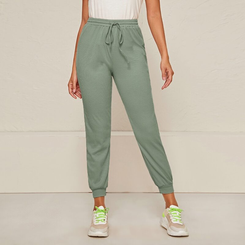

Solid Rib-knit Drawstring Waist Sweatpants, Green