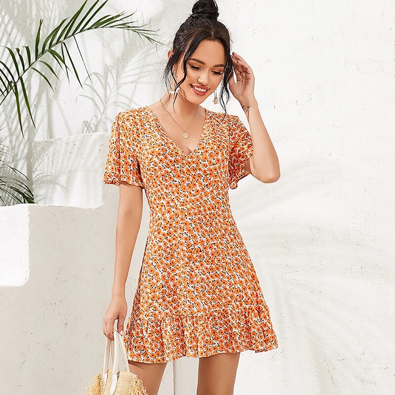 

Floral Print Ruffle Hem Dress, Orange
