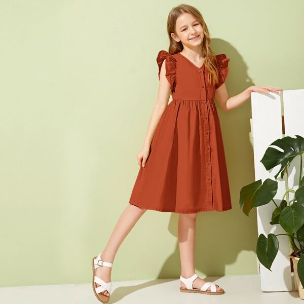 

Girls Ruffle Armhole Single Breasted Dress, Red