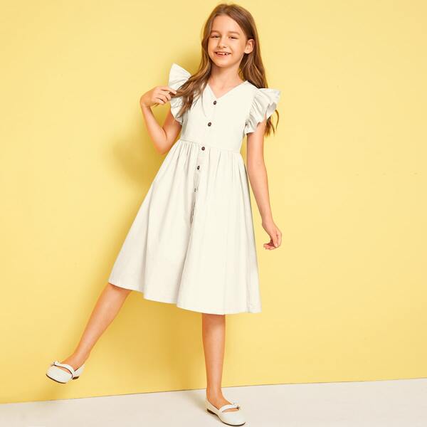 

Girls Ruffle Armhole Single Breasted Dress, Beige