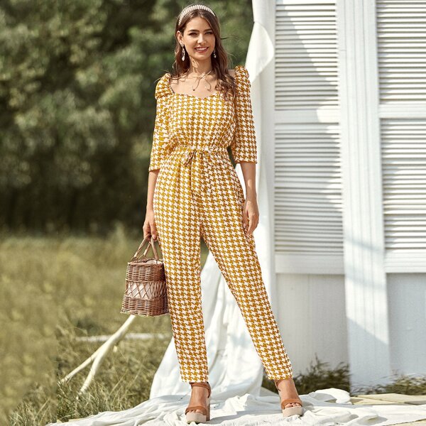 

Houndstooth Sweetheart Neck Belted Jumpsuit, Yellow