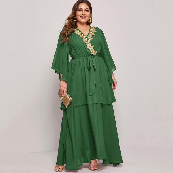

Платье с оригинальным рукавом и поясом размера плюс, Зелёные