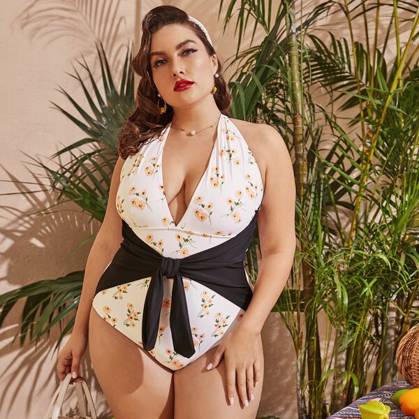 

Plus Floral Tie Front Halter One Piece Swimsuit, Multicolor
