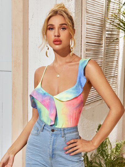 Tie Dye Asymmetrical Neck Ruffle Trim Top