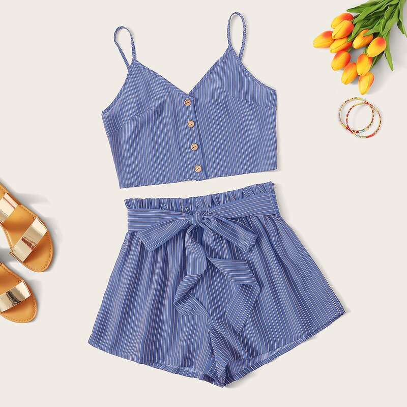 

Striped Button Crop Cami & Paperbag Shorts, Blue