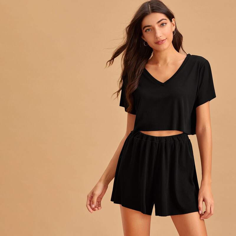 

Solid Rib-knit V-neck PJ Set, Black