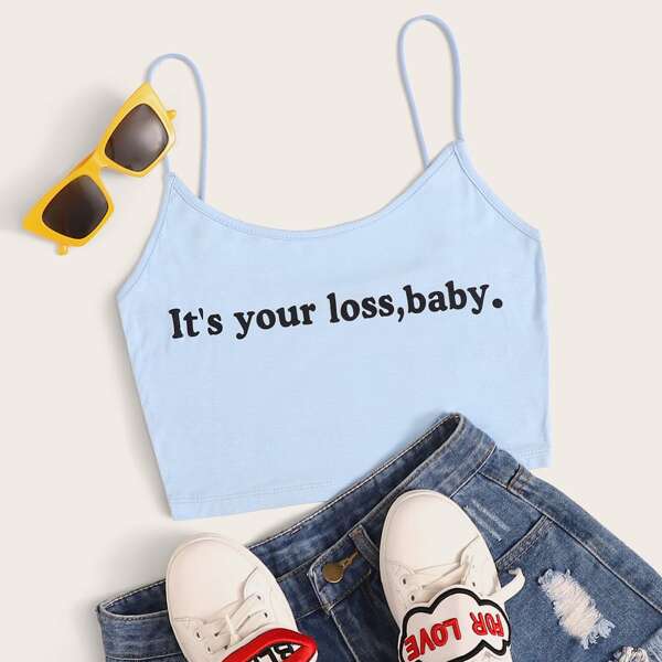

Slogan Graphic Crop Cami Top, Blue pastel