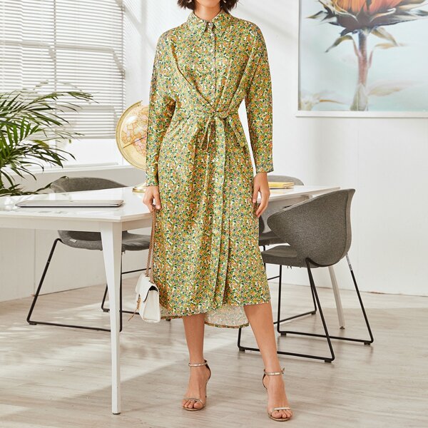 

Knot Front Ditsy Floral Shirt Dress, Multicolor