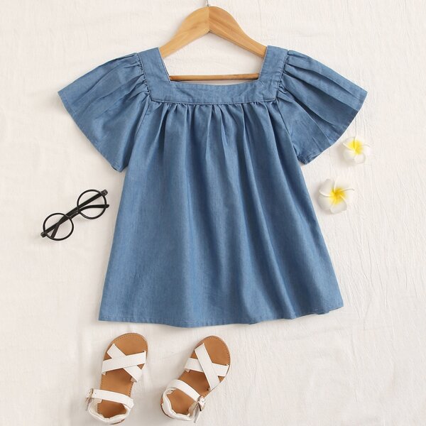 

Toddler Girls Square Neck Flutter Sleeve Denim Blouse, Blue