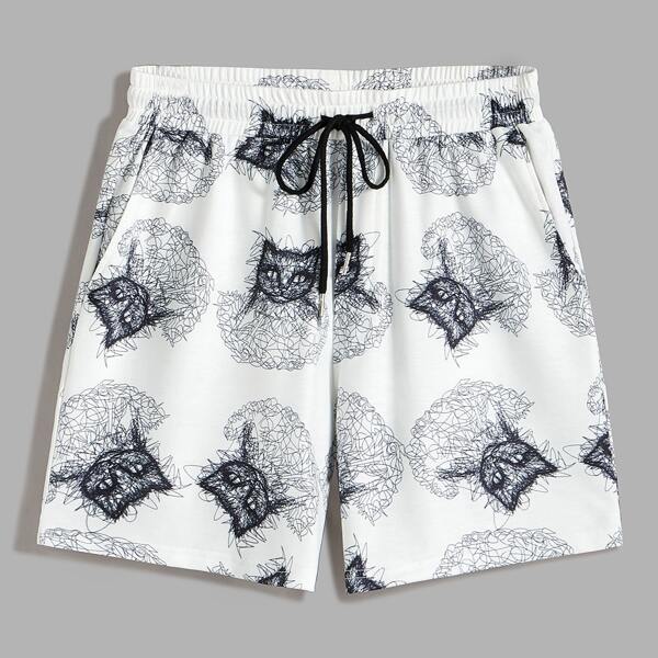 

Men Cat Print Drawstring Waist Shorts, White