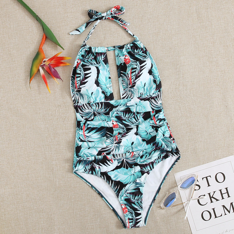 

Tropical Ruched Halter One Piece Swimsuit, Multicolor