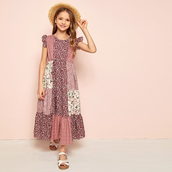 

Girls Ruffle Armhole Ditsy Floral Patchwork Dress, Multicolor