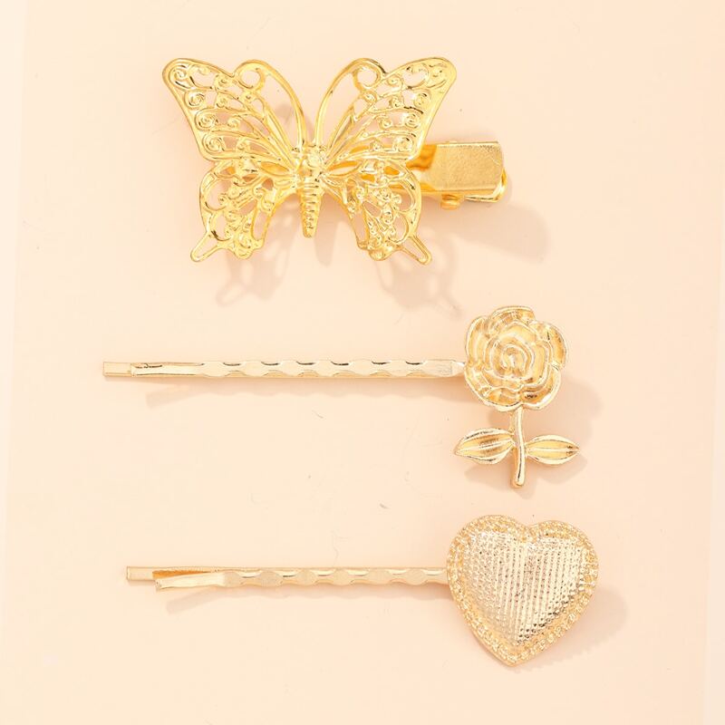 

3pcs Flower & Heart Decor Hair Clip, Gold
