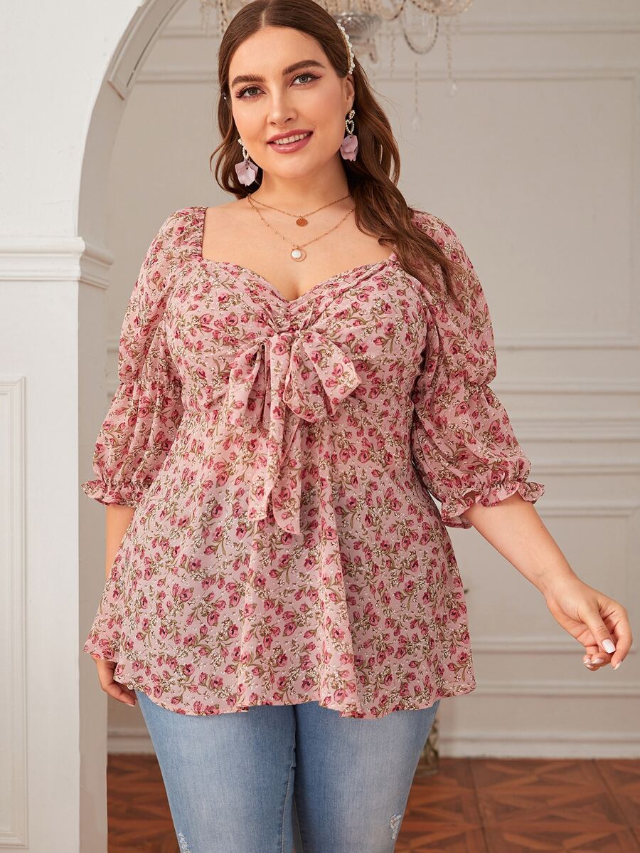 SHEIN LUNE Plus Sweetheart Neck Tie Front Floral Print Blouse - Pink - View 1