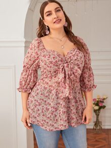 SHEIN LUNE Plus Sweetheart Neck Tie Front Floral Print Blouse - Pink - View 6