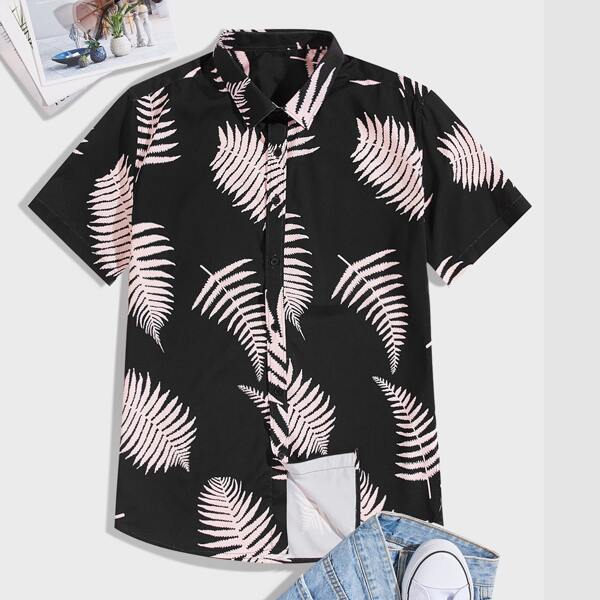 

Men Tropical Print Button Up Shirt, Multicolor