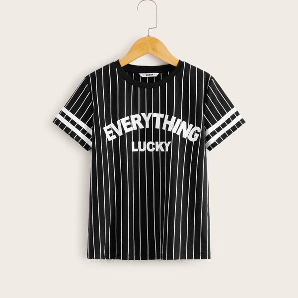 

Boys Slogan and Striped Tee, Black
