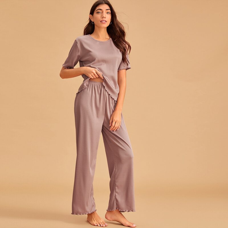 

Solid Lettuce Trim Tee PJ Set, Nude