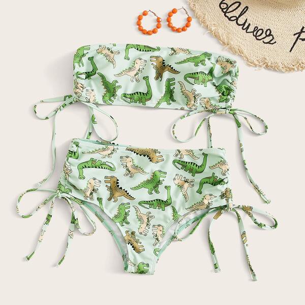 

Cartoon Dinosaur Bandeau Tie Side Bikini Swimsuit, Green