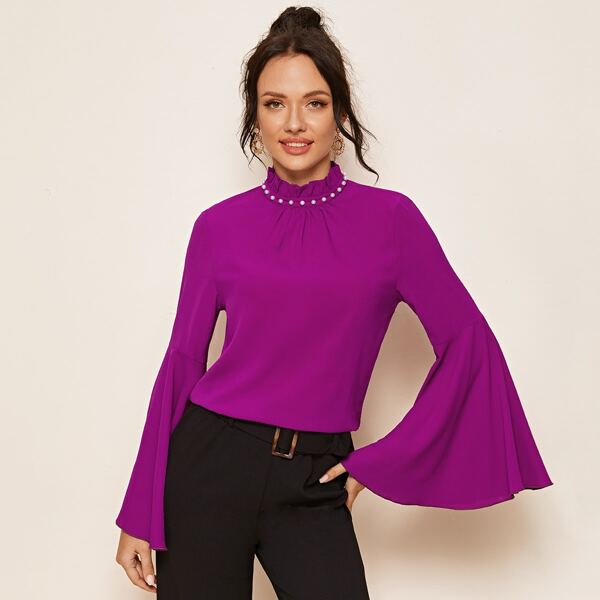 

Frilled Neck Pearl Beaded Flounce Sleeve Top, Purple