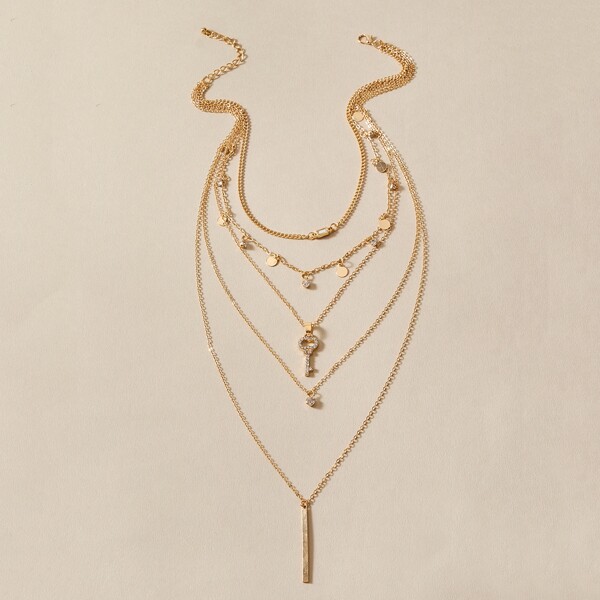 

1pc Bar & Key Charm Layered Necklace, Gold