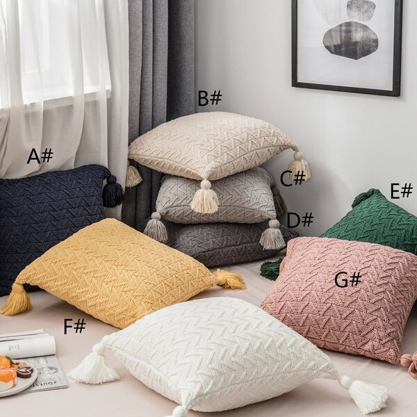 

1pc Tassel Decor Knit Cushion Cover Without Filler, Multicolor