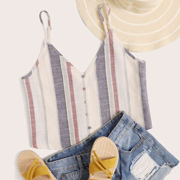

Button Front Striped Cami Top, Multicolor