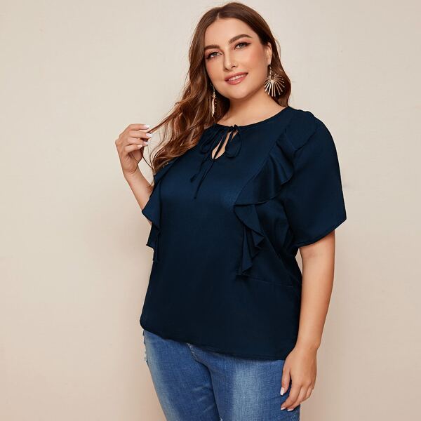 

Plus Keyhole Tie Neck Ruffle Trim Solid Blouse, Navy