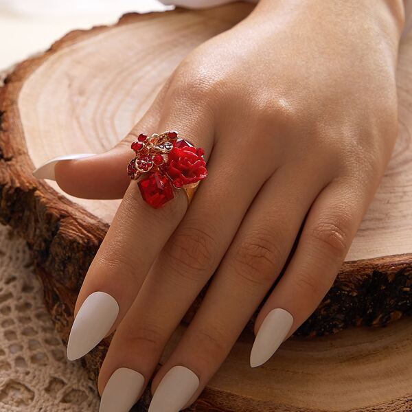 

1pc Gemstone Engraved Floral Decor Ring, Red