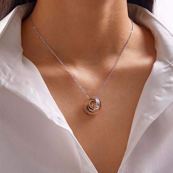 

1pc Rhinestone Engraved Sliding Ring Charm Necklace, Silver