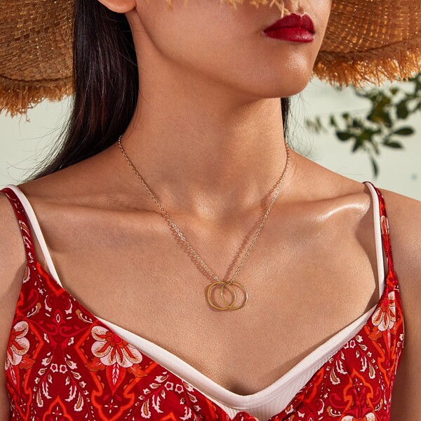 

1pc Double Ring Charm Necklace, Gold