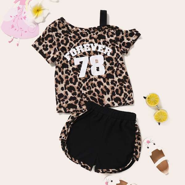 

Toddler Girls One Shoulder Letter & Leopard Print Tee With Track Shorts, Multicolor