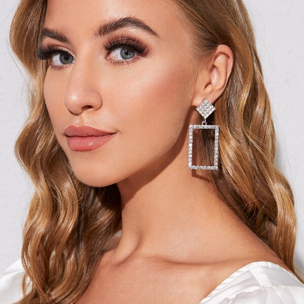 

1pair Rhinestone Engraved Geometric Drop Earrings, Silver
