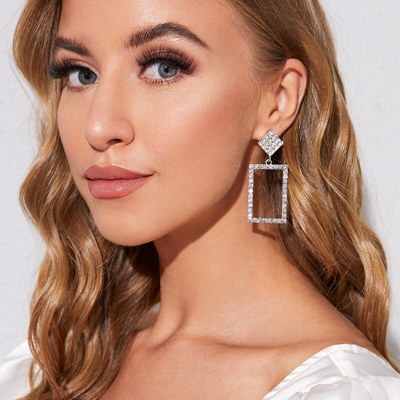 

1pair Rhinestone Engraved Geometric Drop Earrings, Silver