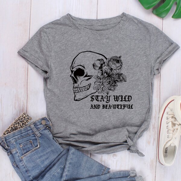 

Skull And Slogan Graphic Tee, Grey