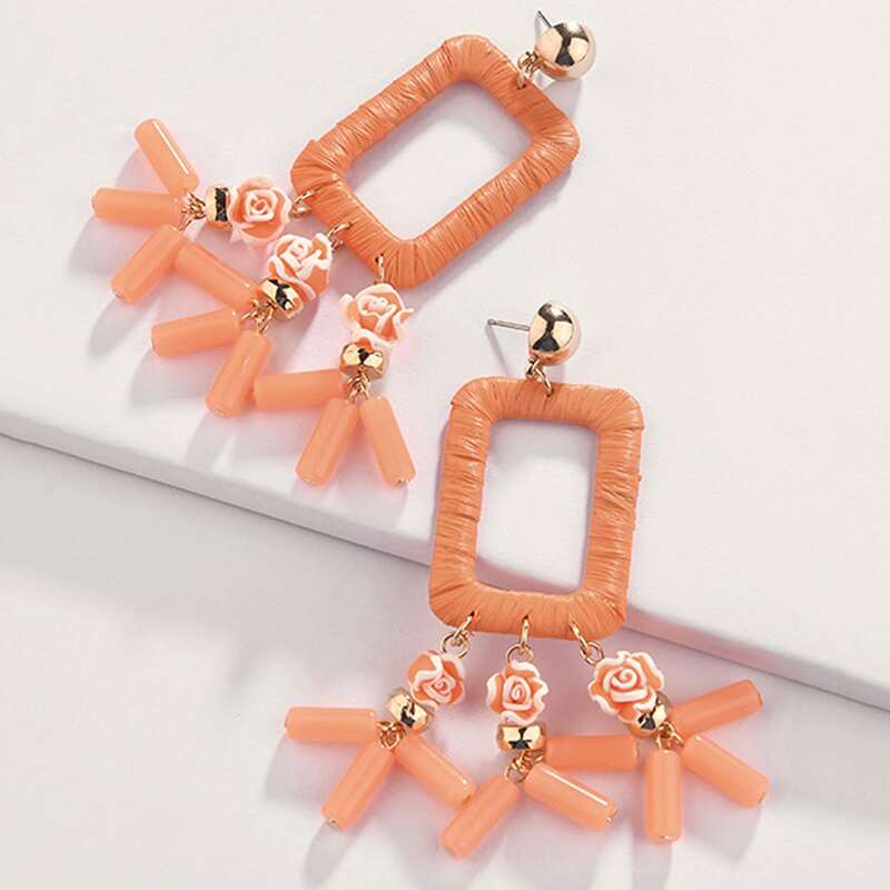 

1pair Flower Decor Geometric Drop Earrings, Pink